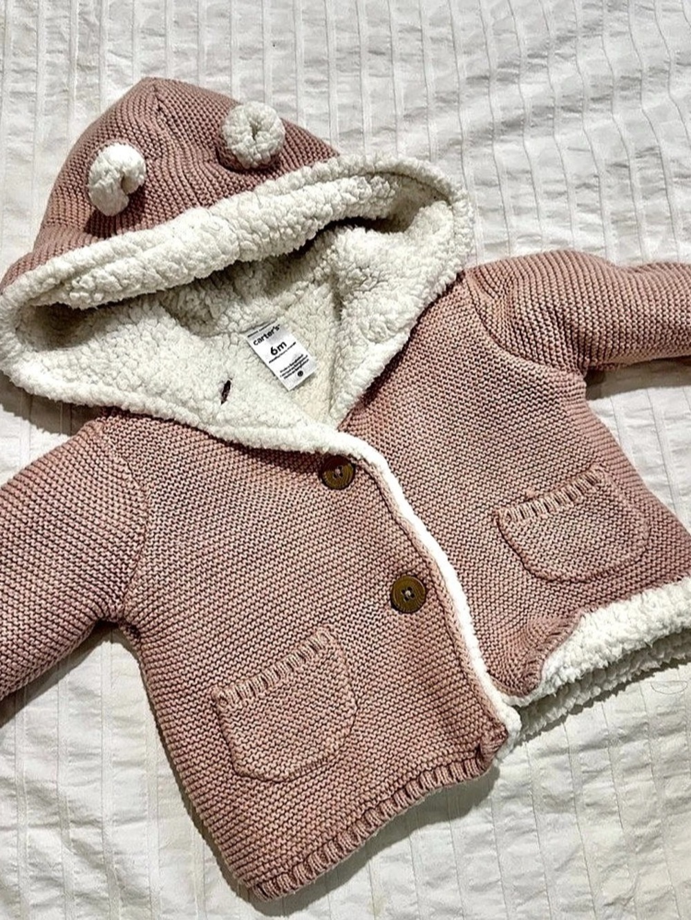 Carter's Baby Girl Bear Sweater Knit Hooded Jacket Pink & White 6M